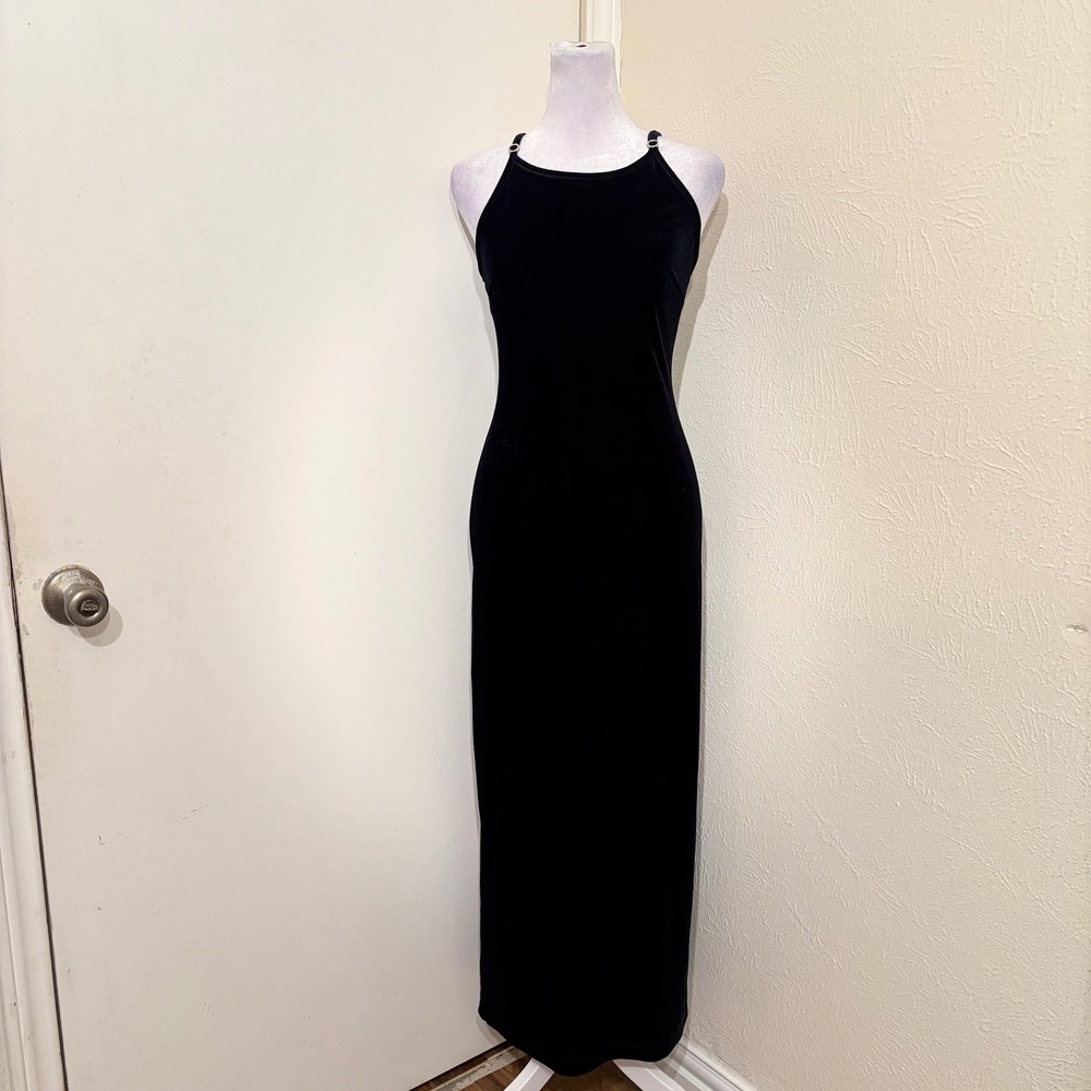 All That Jazz Vintage Black Velvet Maxi Dress Lace Up Back Halter Neck 90s Sz S